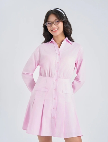 Đầm Liền Nữ Dáng A Cổ Sơ Mi Dài Tay Xếp Ly