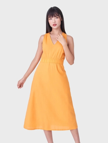 Váy liền nữ vải line cổ tim sát nách có chun eo