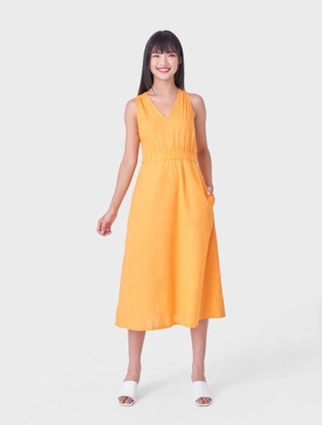 Váy liền nữ vải line cổ tim sát nách có chun eo